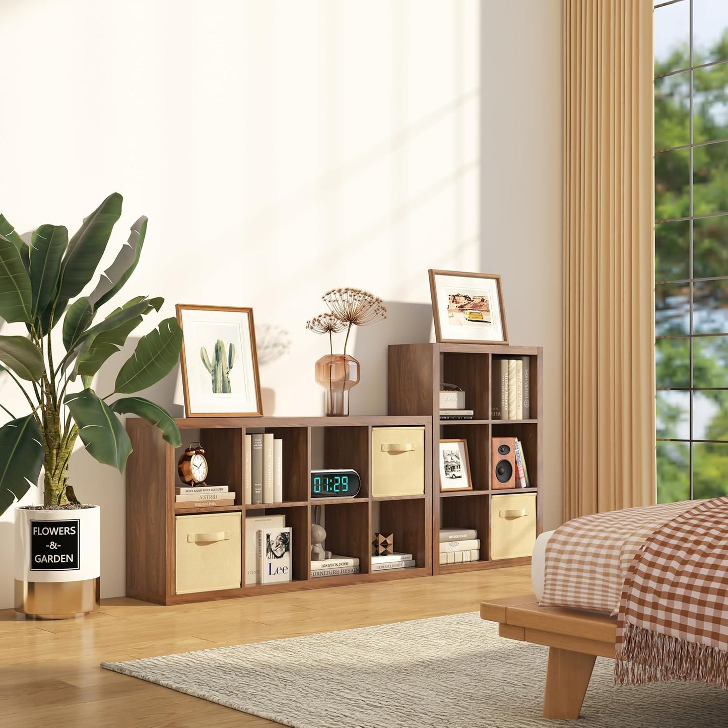 Bookshelf with Storage Bins, 9-Cube Storage Organizer Sturdy Wooden Bookcase Open Book Shelf, Multifunctional Cubicle Rack for Storage & Display, Furniture for Living Room Bedroom Office, Classic Oak