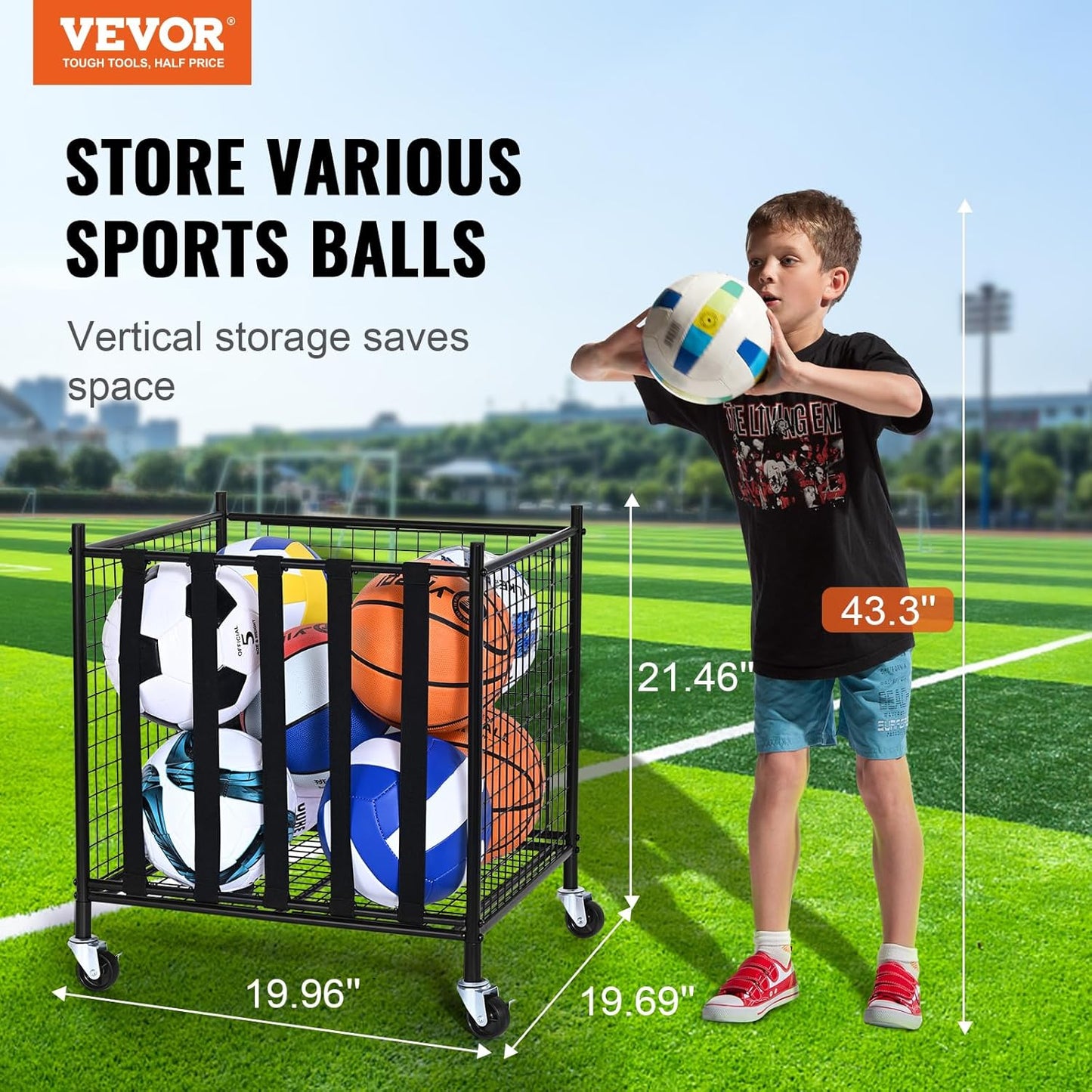 VEVOR Rolling Sports Ball Storage Cart, Lockable Basketball Cage with Double Lids, Sport Equipment Holder Organizer for Indoor Outdoor, Steel Storage Rack for Garages, Playgroup, Gym and Schools
