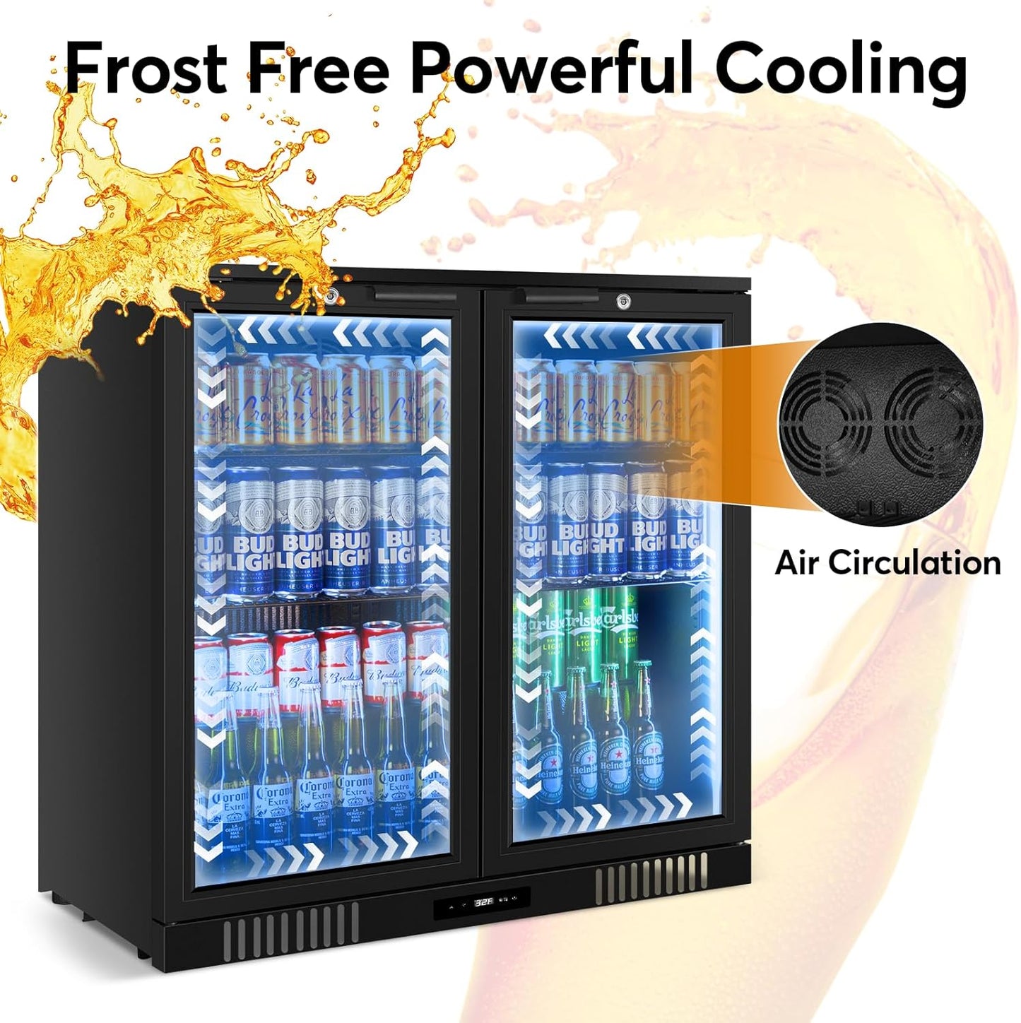 Back Bar Cooler Undercounter Beverage Refrigerator with Glass Door, Commercial Display Fridge for Beer Drink Soda with Temperature Control, 7.2Cu. Ft. Large Capacity, Black
