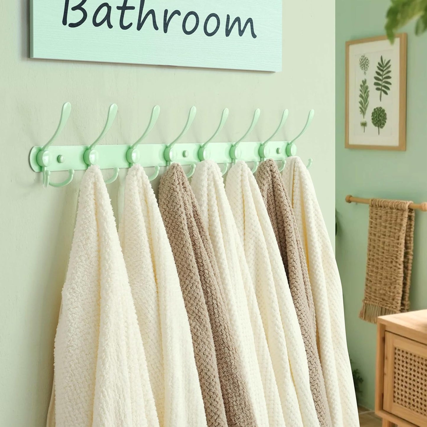 Dseap Coat Rack Wall Mount - 29.5” Long 8-Tri-Hooks Heavy Duty Coat Hanger Rail Wall Hooks for Hanging Coats Hats Clothing Clothes Purse Mudroom Entryway, Green