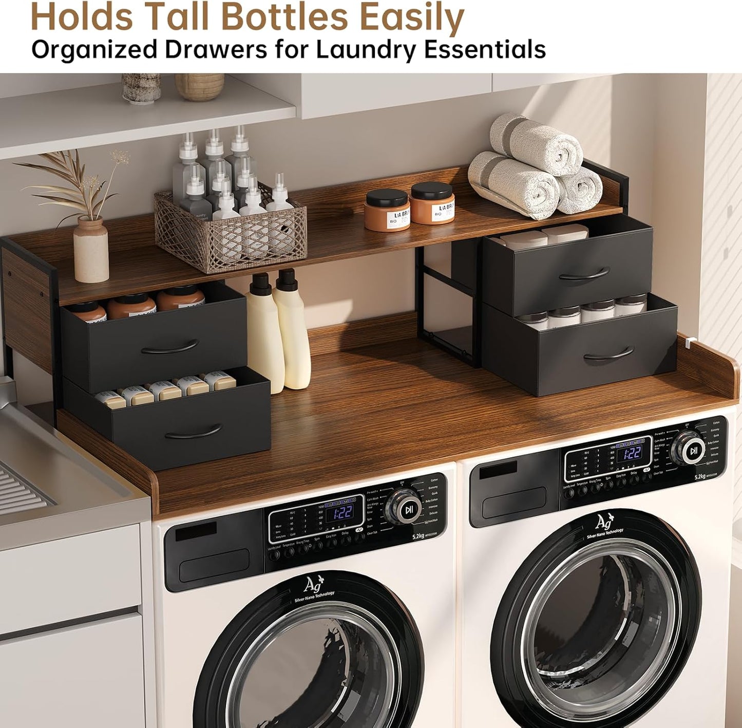 4 Drawers Washer Dryer Countertop with Shelf, 27.5" D x 54" W Laundry Topper with 3.54" High Guardrails and Non-Slip Pads,Extra Storage Organizer for Over Washer and Dryer, Holds 66 Lbs,Dark Walnut