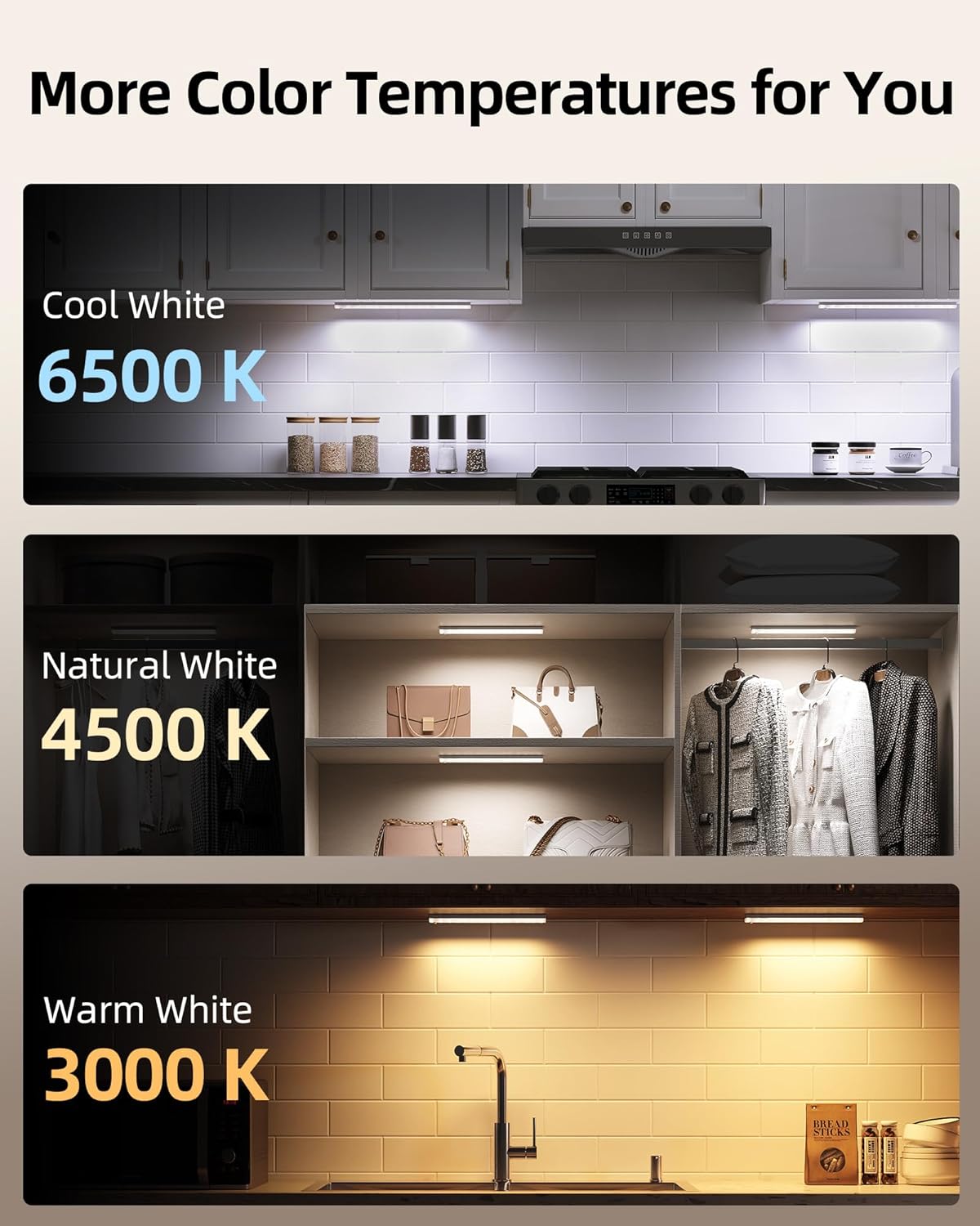EZVALO 3-Pack Under Cabinet Lighting, 2000mAh Rechargeable Wireless Motion Sensor Lights, 62LEDs, 3 Color Temps, Dimmable, Timer, Magnetic, with Remote Control for Kitchen, Closet, Stair