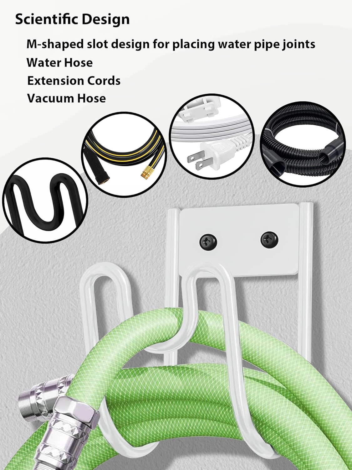 Metal Garden Hose Holder, Sturdy Wall Mounted Water Hose Hanger, Solid Hose Hook for Garden Garage Water Hose/Extension Cords/Vacuum Lines (White)