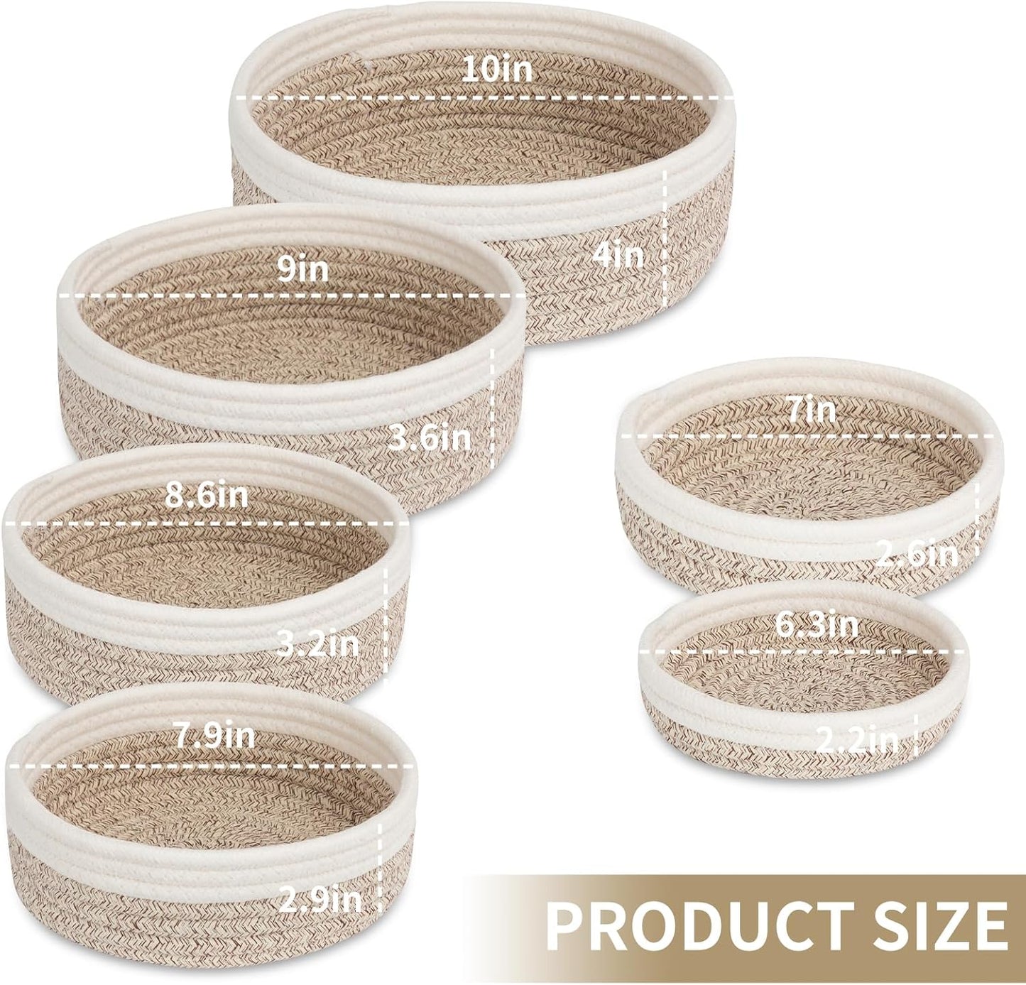 Small Shelf Storage Baskets for Organizing, 6 Pack Round Cotton Rope Bins, Decorative and Cute Woven Baskets for Bedroom and Closet, Key Tray Bowl, Home Decor Countertop Organizer (Brown Beige)