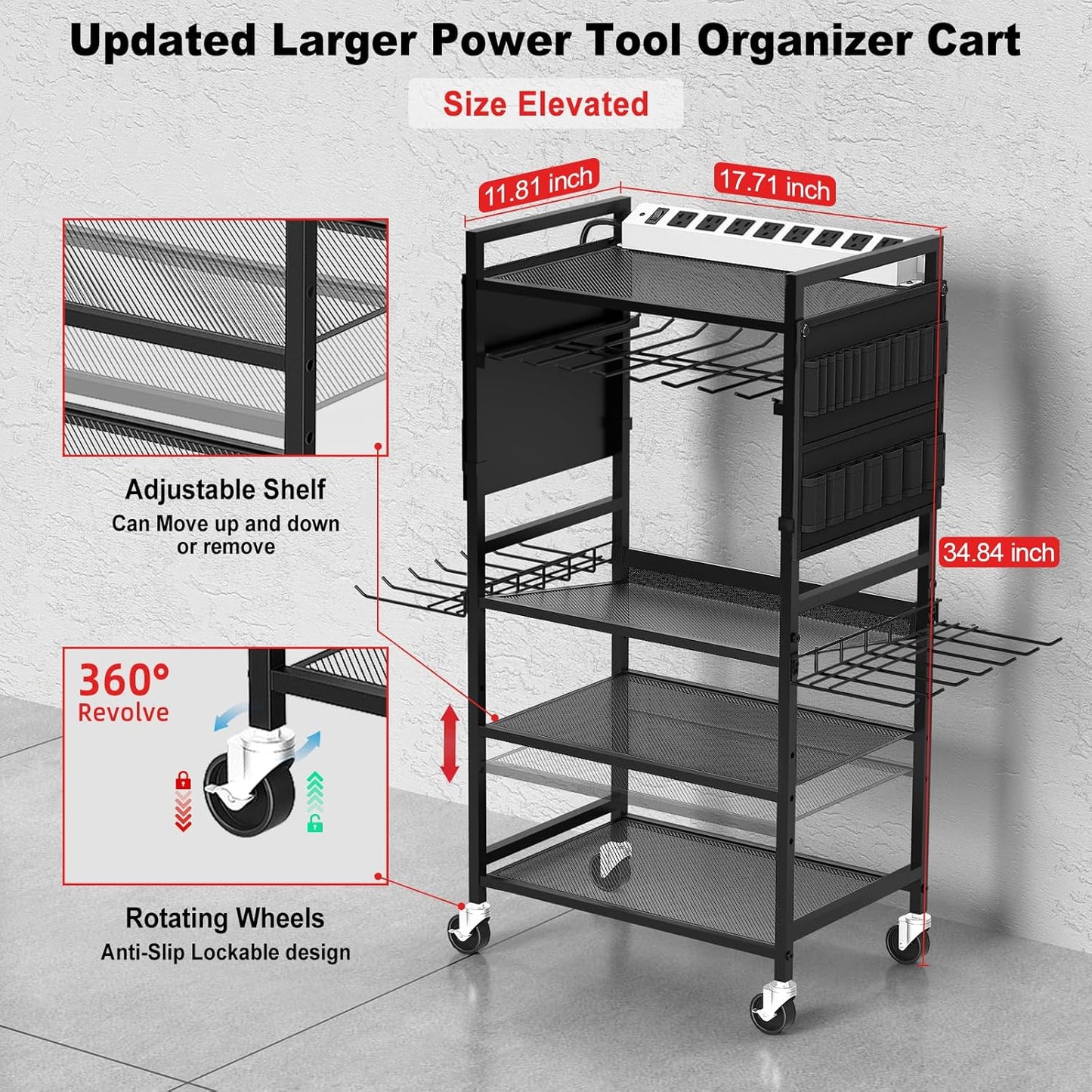 JUNNUJ Garage Large Power Tool Organizer Cart with 20A Charing Station, Heavy Duty Drill and Tools Battery Holder Storage Rack, Floor Standing Rolling Tool Cart on Wheels, Black