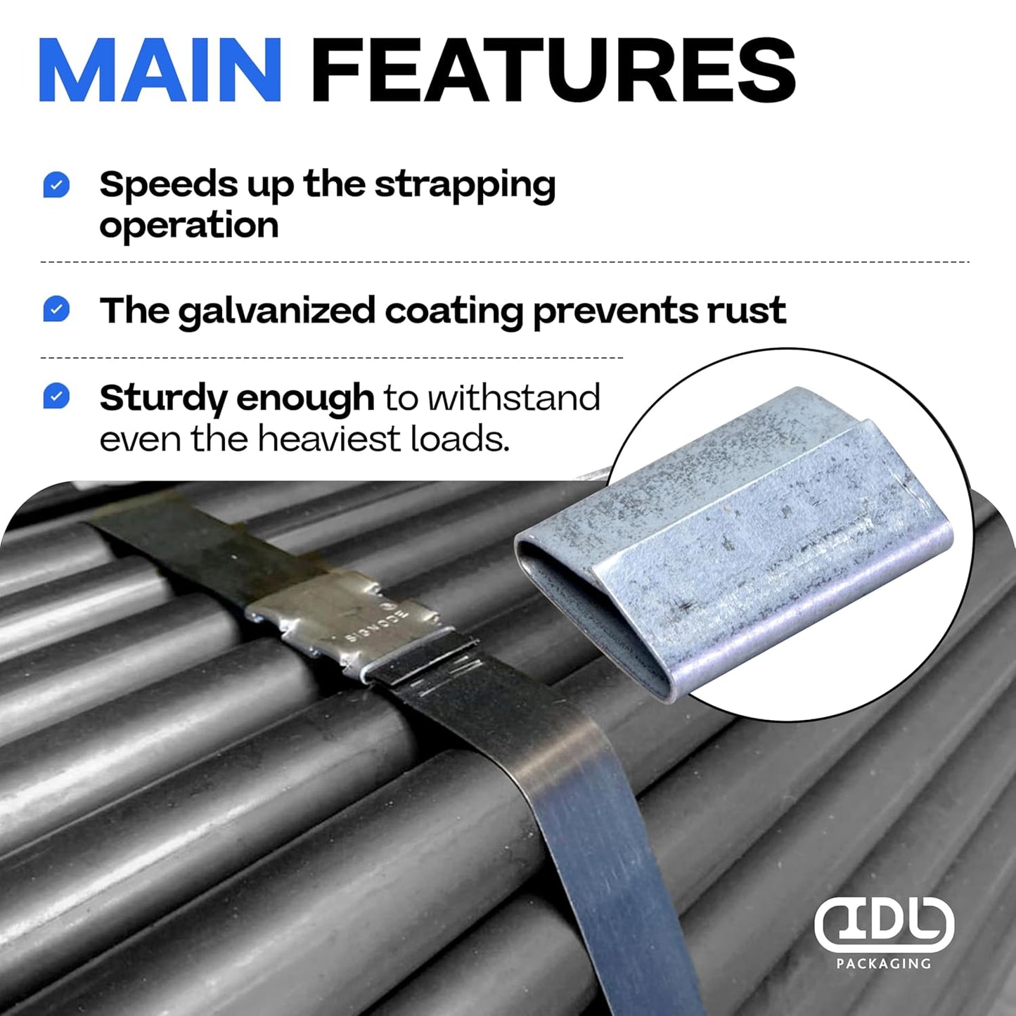 IDL Packaging 1/2" Closed (Push Type) Seals for Steel Strapping, Pack of 250 - USA-Made Sturdy Metal Clips for Securing Heavy Packaging & Pallet Banding - Superior Holding Power for Steel Banding Jobs