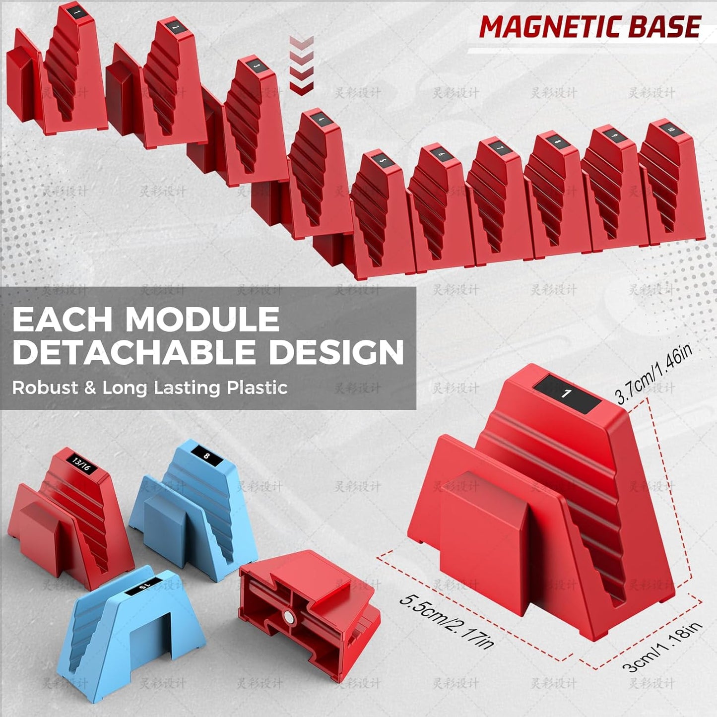 48PCS Magnetic Modular Wrench Organizers for Tool Drawers - Red & Blue - Wrench Rack with Metric & SAE Labels, Customizable Magnet Tool Storage Holder for Tool Box Organization