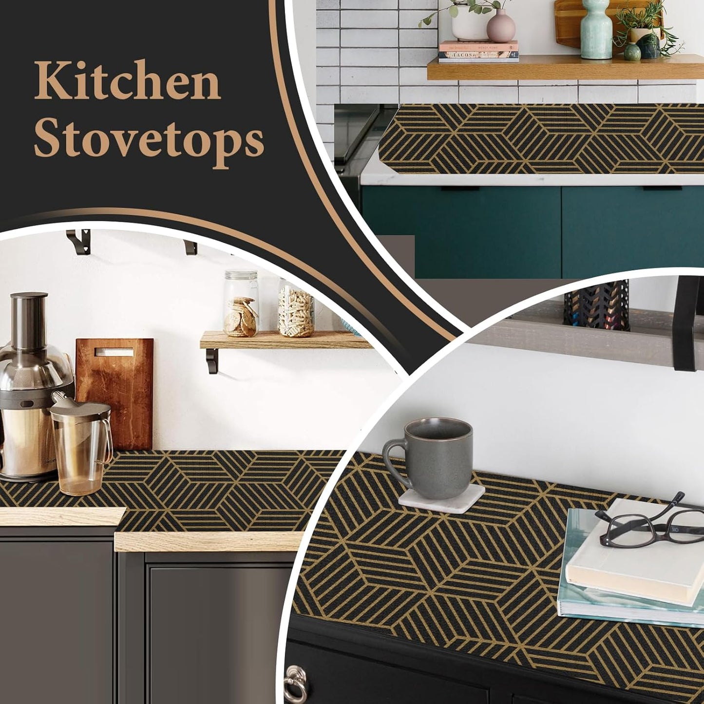 Shelf Liners for Kitchen Cabinets 23in x 20FT, Non Adhesive Cabinet Liner Strong Non-Slip Black Gold Geometric Drawer Liner, Easy to Clean for Shelf, Cabinet with Knife and Tape Measure