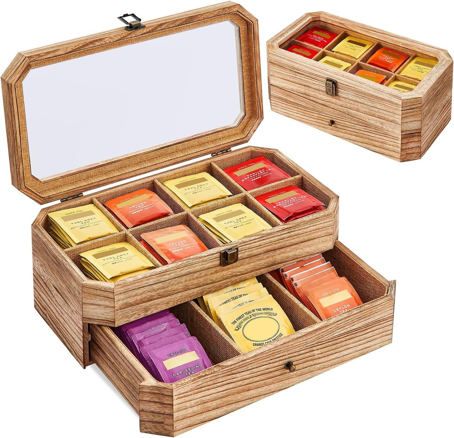 Tea Bag Organizer, Solid Wood 2 Layer Tea Box Organizer Storage, Christmas Gift Tea Bag Holder with Drawer Acrylic Window, Tea Organizer Caddy