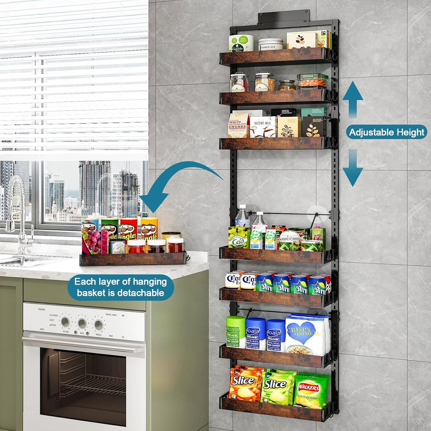 bukfen Over the Door Pantry Organizer, 8-Tier Adjustable Wooden Basket Kitchen Pantry Door Organization and Storage,2 in 1 Wall Mount or Hanging Heavy-Duty Metal Hanging Kitchen Spice Rack,1 Pack
