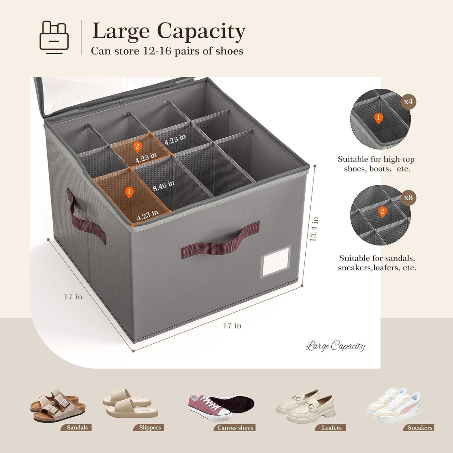 Criusia Shoe Organizer for Closet, 3 Pack Shoe Organizer with Transparent Cover and Sturdy Handles, Closet Shoe Storage for Sneakers Sandals Slippers, Fit 12-16 Pairs, Gray