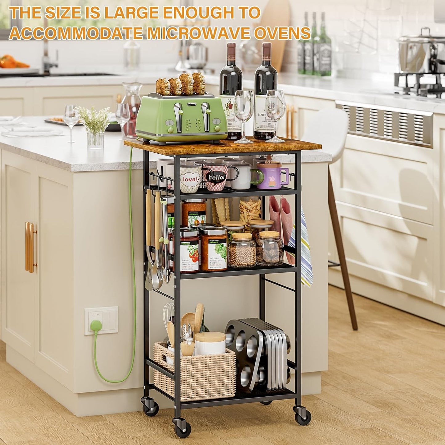 Rolling Kitchen Microwave Cart, 4 Tier Microwave Table Stand with Storage, Kitchen Storage Rack on Wheels, Coffee Station Cart Rack Shelf Organizer for Living Room Office, Balcony