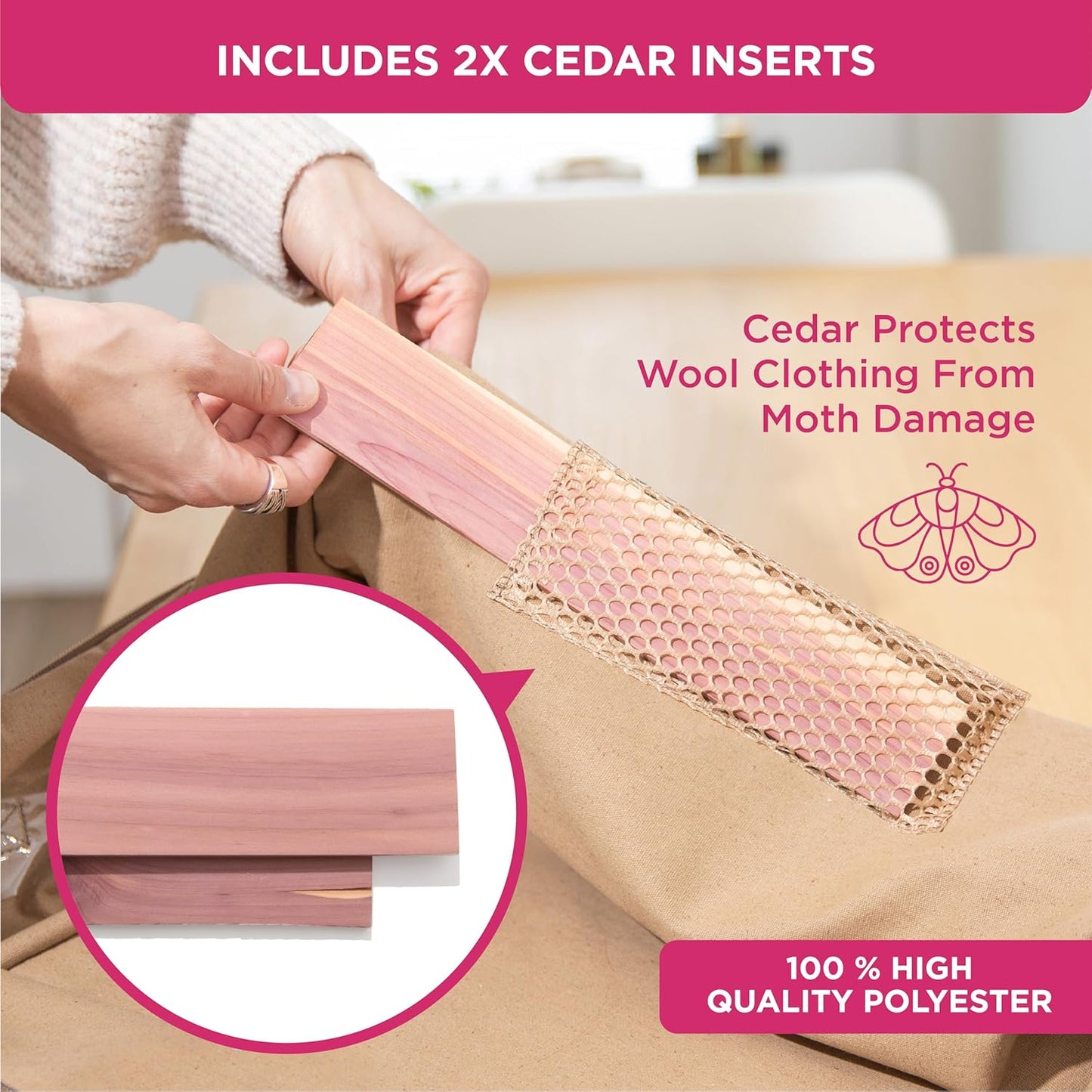 Cedar Clothes Storage Bag Organizer – Protects from Moths, Moisture, Dirt & Dust – Set of 2 Underbed Storage Bags for Clothes, Cashmere Sweaters, Bedding & More - Underbed Storage - Beige