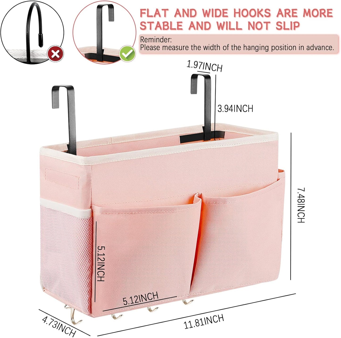 Bedside Storage Organizer 5 Pockets with 4 Hooks Hanging Storage Bag for Headboards/Bunk Bed (Pink)