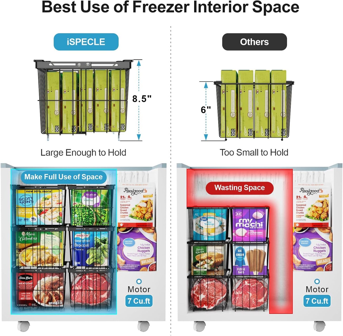 iSPECLE Freezer Organizer Bins - Fit 5 to 9 Cu.Ft, 6 Pack Adjustable & Extra Large Chest Freezer Organizer Bins for Deep Freezer, Easy Organize Basket Store More, Stackable No Wasted Space, Black