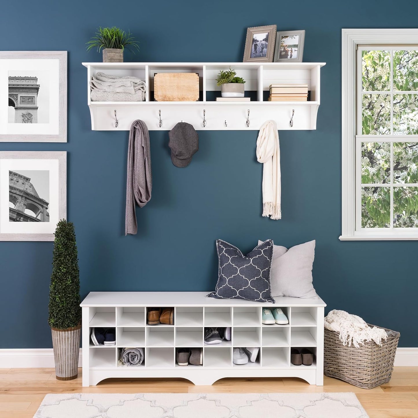 Prepac 60" Contemporary Wall Mounted Coat Rack, Coat Hooks Wall Mount with 4 Shelves, Ideal for Hallway or Entryway Storage Solution, 11.5"D x 60"W x 16.5"H, White