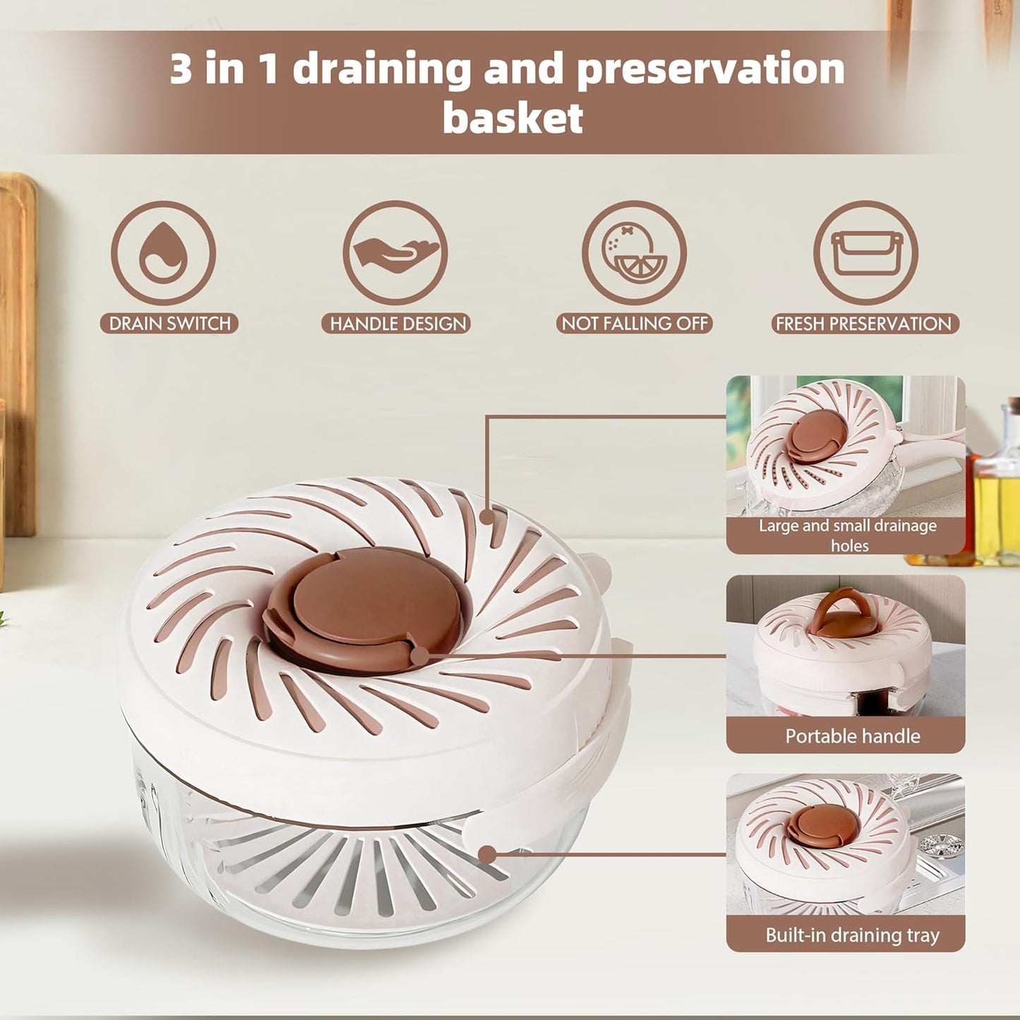 2025 New Upgrade Large Fruit Washing Bowl with Strainer(2.85QT),3 in 1 Multipurpose Drain Basket with Lid & Ice Box,Foldable Handle Fruit Strainer Perfect for Fridge Storage and Outdoor Picnics