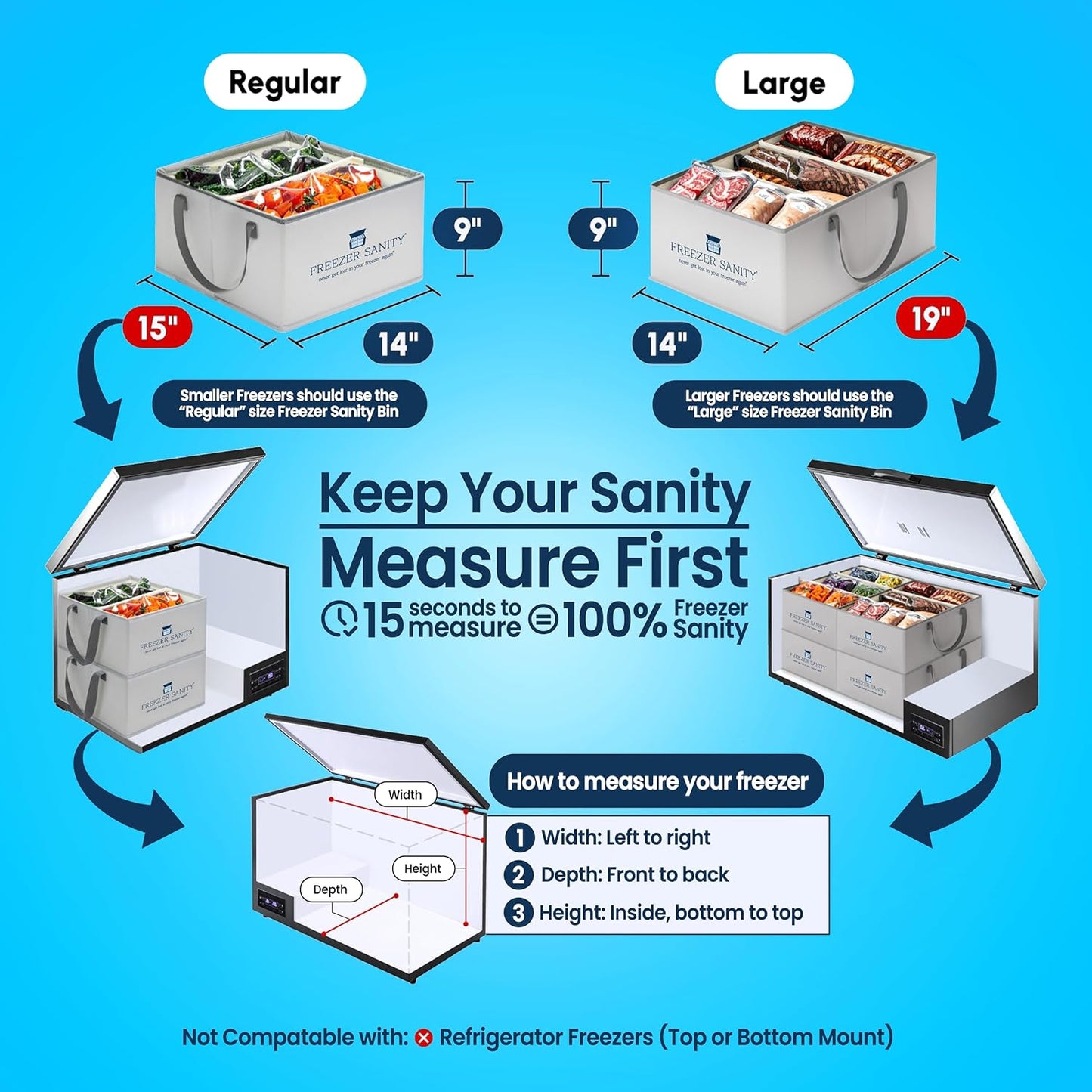 The Original Chest Freezer Organizer Bins, Stackable Storage Organizers, Deep Freezer Dividers, Handles, Heavy-Duty, Waterproof Regular 15x14x9