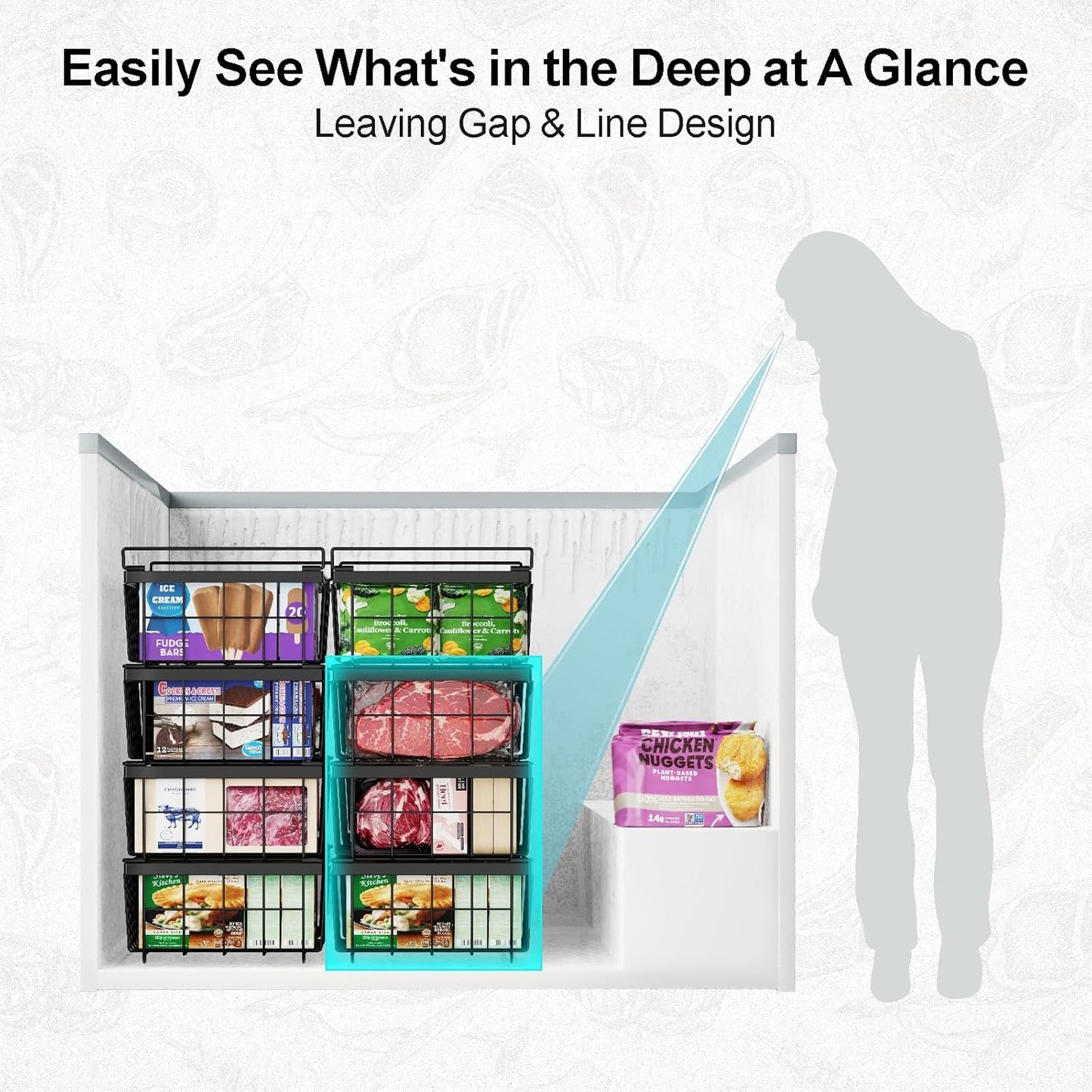iSPECLE Freezer Organizer Bins - Fit 10 to 20 Cu.FT Deep Freezer, 8 Pack Large Expandable Stackable Chest Freezer Organizer Sort Frozen Food Easy to Get Food from Bottom without Digging, Black