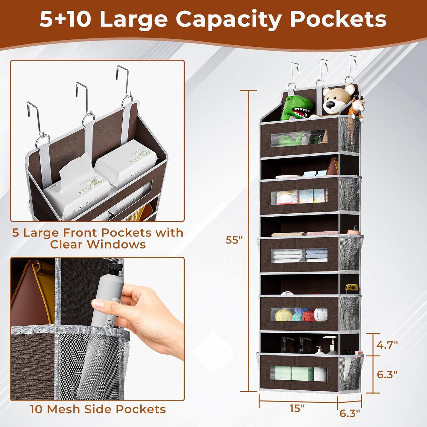 5-Tier Over The Door Storage Organizer with 10 Side Mesh Pockets, 48 lbs Load Capacity, 3 Hooks Design, Door Hanging Organizer with Clear Windows for Bathroom, Bedroom, Nursery, Kitchen-Brown