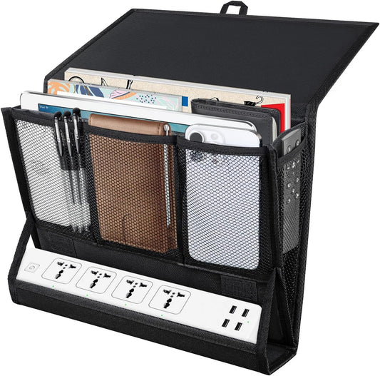 Bedside Caddy Hanging Bed Organizer Storage Bag Pocket with Power Strip Holder Multi-functional Organizer Caddy for Remotes Phone Glasses Magazines, Tablets, Accessories (7 pocket)