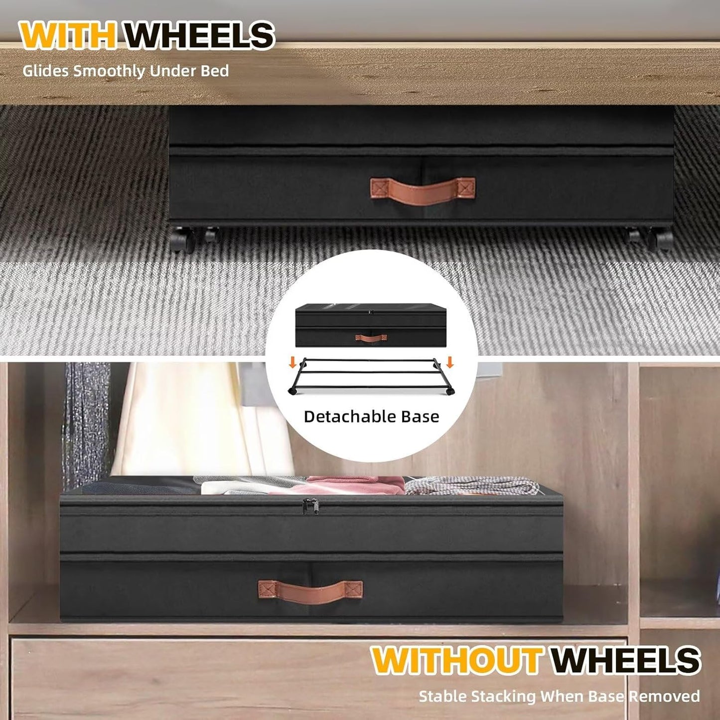 Under Bed Storage with Wheels, 2 Pack XXL Rolling Storage Containers, 10'' Adjustable Underbed Organizer with Lids for Clothes Blankets Shoes, Black