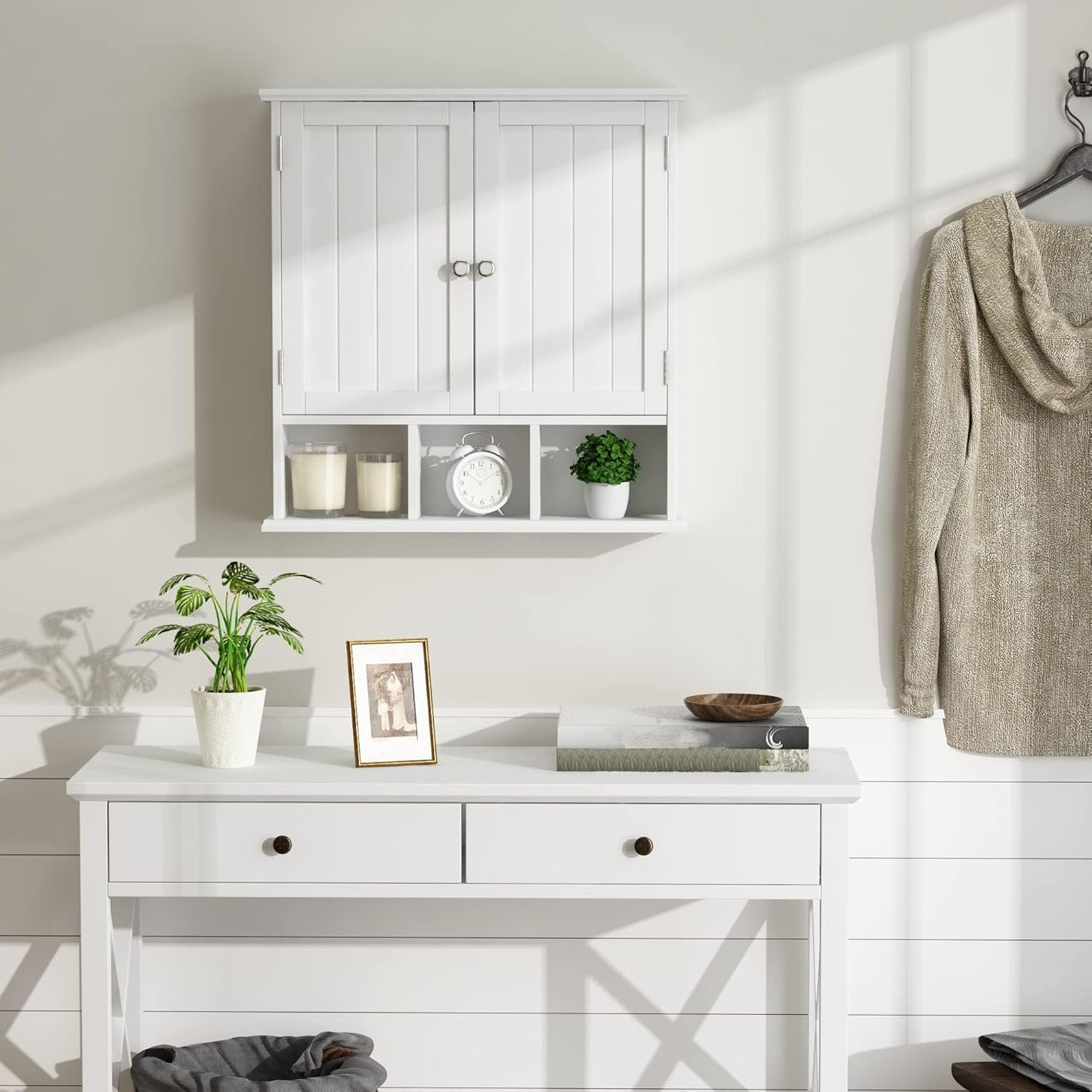 ChooChoo Bathroom Cabinet Wall Mounted 2-Door with 3 Open Shelves, Wooden Medicine Cabinets with Adjustable Shelf, Space Saver Storage Cabinets Over The Toilet for Bathroom&Living Room, White