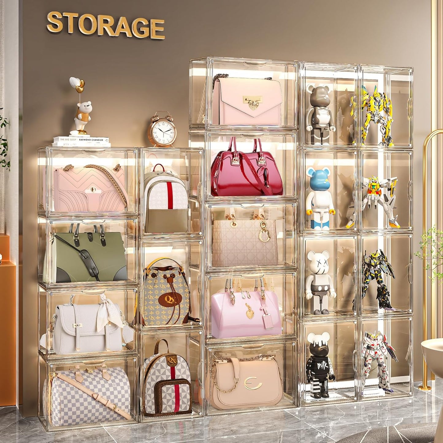 ULENDIS 4 Packs Plastic Purse Storage Organizer for Closet, Clear Display Case for Purse and Handbag, Stackable Storage Boxes Organizer with Magnetic Door for Wallet Book Cosmetic Toys Display