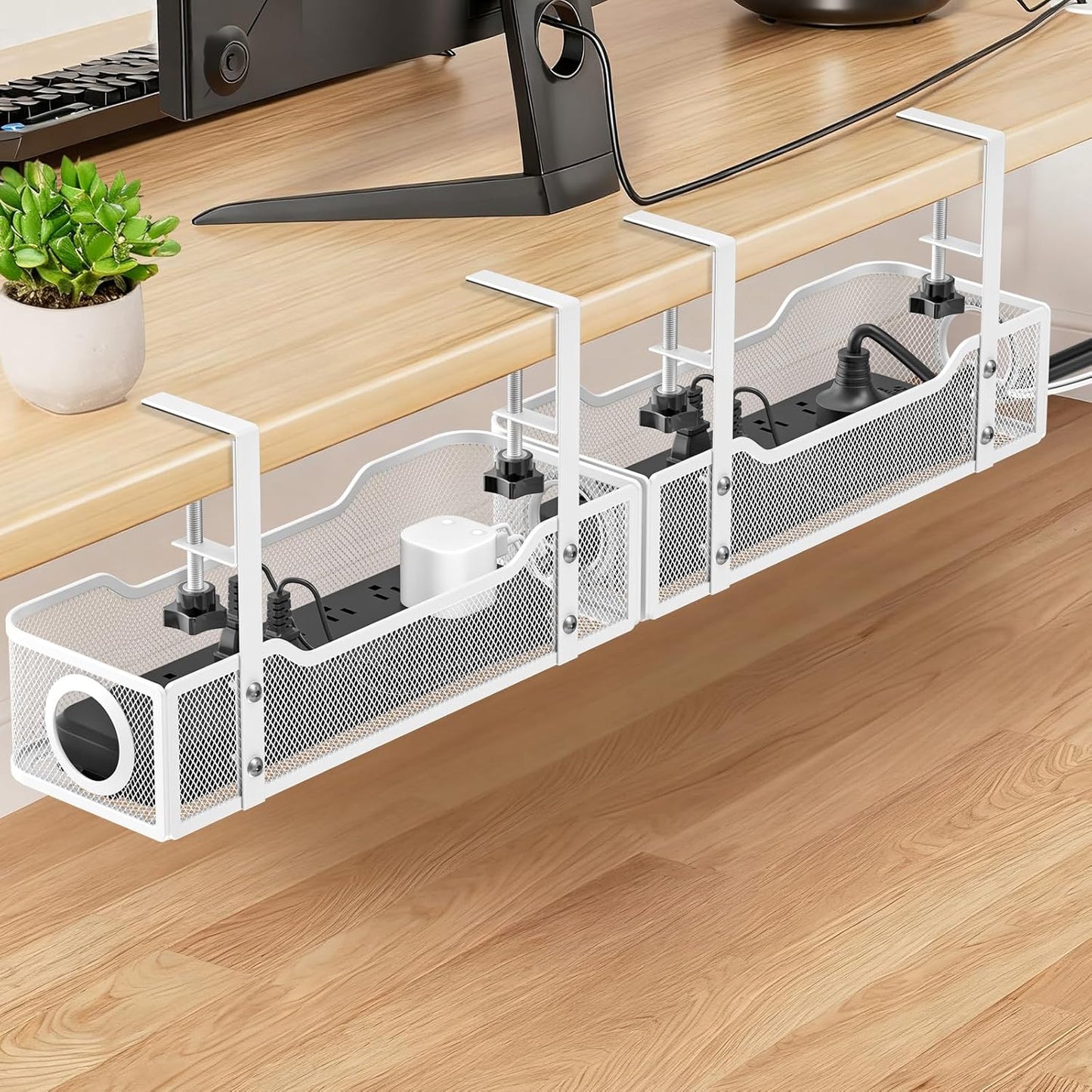 Under Desk Cable Management Tray - GZOKMOG No Drill Cord Organizer with Clamp, Workspace Organizers for Cords, Metal Mesh Wire Management for Home and Office, 2 Pack White, 13.38 inch