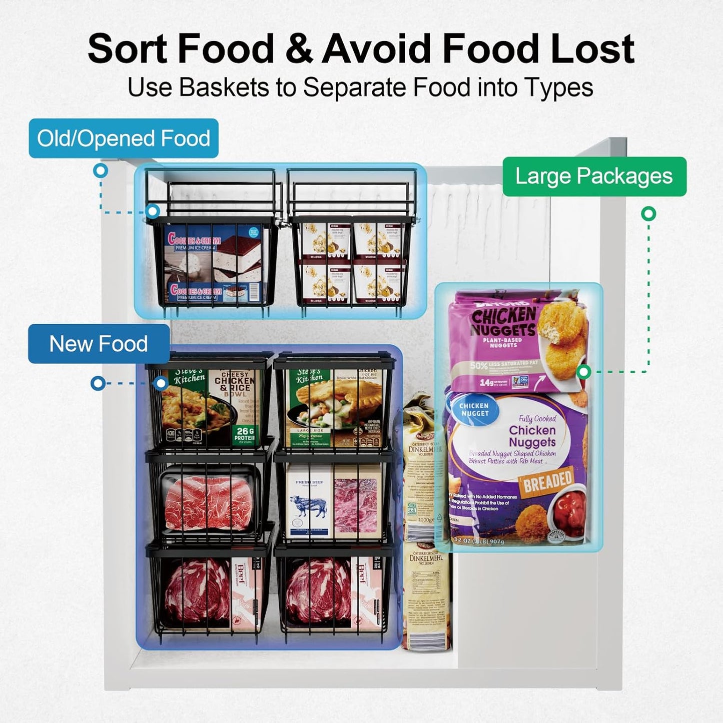 iSPECLE Freezer Organizer Bins - 15.8" to 18.1" Extendable Length Freezer Baskets for Chest Freezer for 7 Cu.Ft Deep Freezer, 2 Hanging Baskets and 4 Stackable Bins, 6 Pack Black