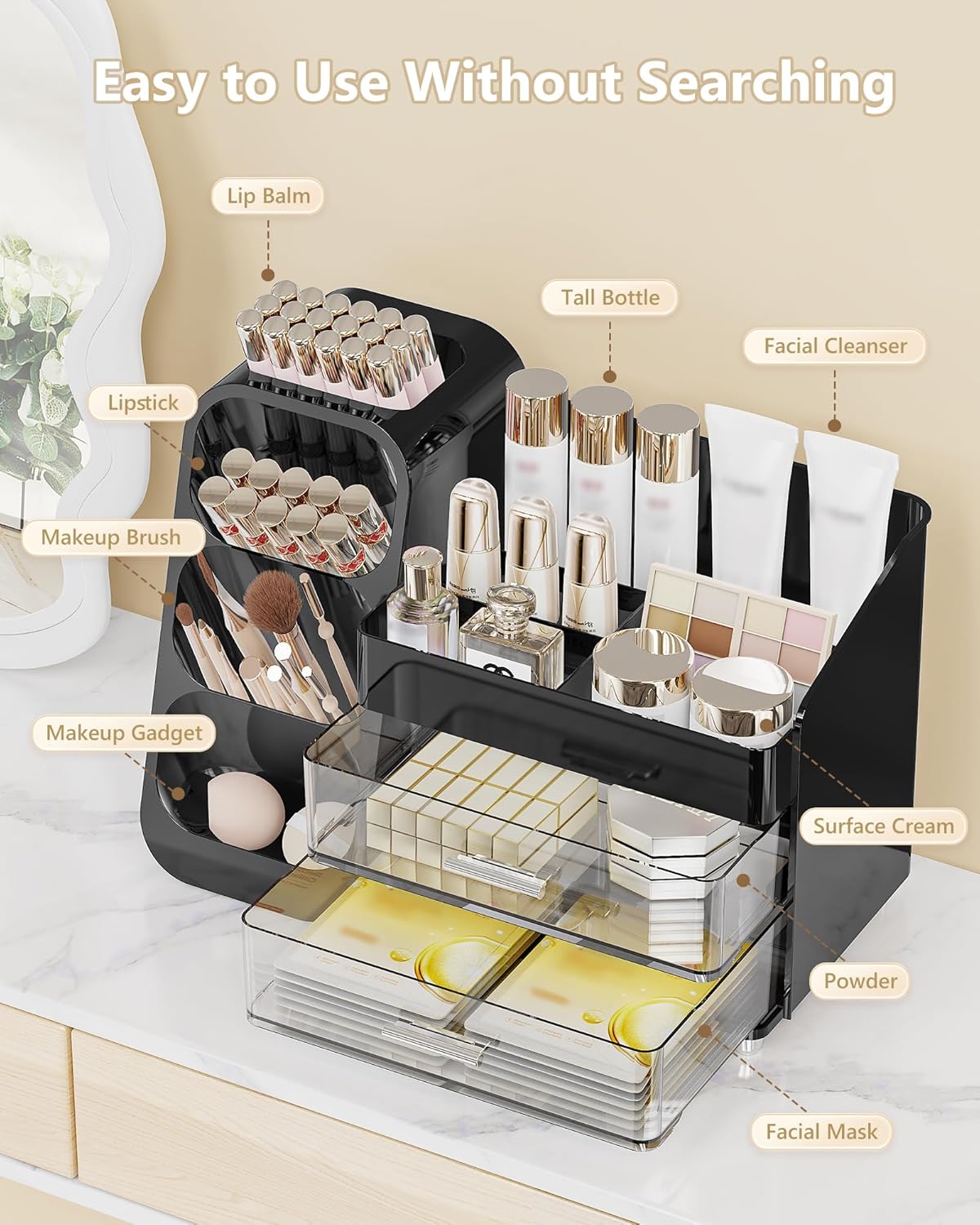 Makeup Organizer with Drawers, Skincare Organizer (Large Size Thick), Storage Box Cosmetic Display Cases, Make up Organizers for Vanity, Dresser, Desk, Kitchen, Countertop (black)