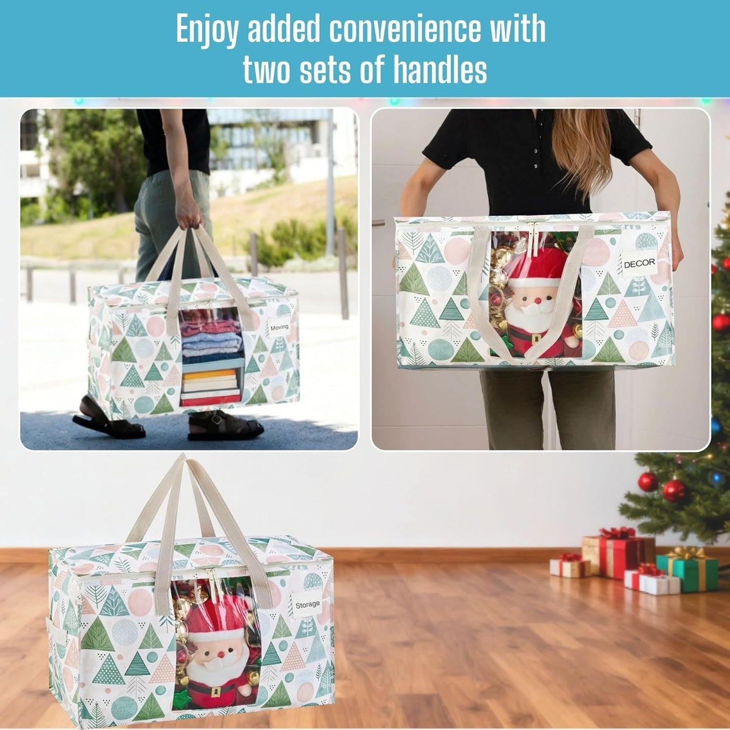 VENO 4 Pack Moving Bags, Large Christmas Storage Bins with lids, Packing Supplies for College, Alternative to Moving Boxes, Foldable, Heavy-Duty Tote, Christmas Pattern (Pastel Forest, 4 Pack)