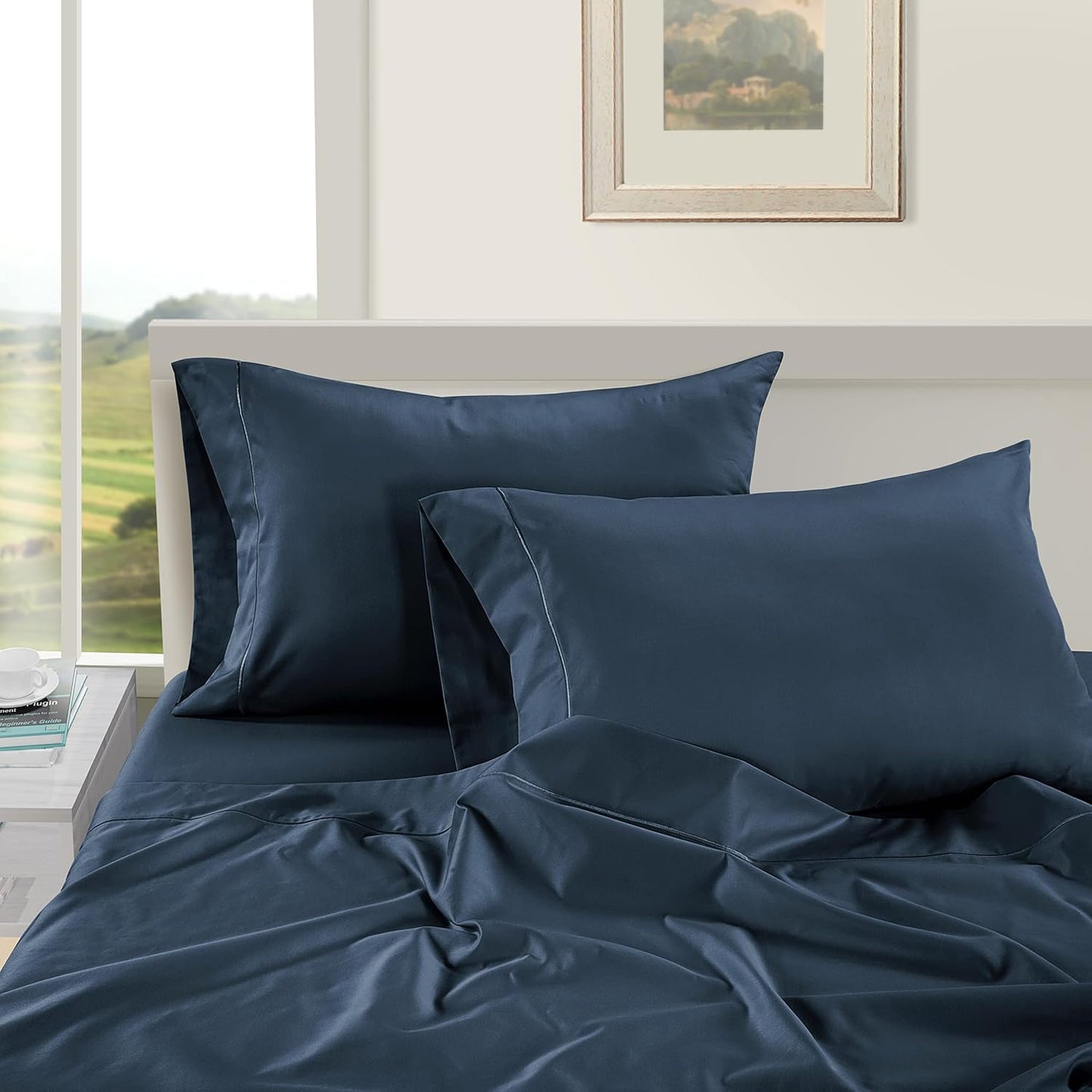 LANE LINEN Pillows Standard Size Set of 2 Soft 100% Egyptian Cotton Sateen 1000 Thread Count Cool & Smooth Pillowcases Queen - Denim