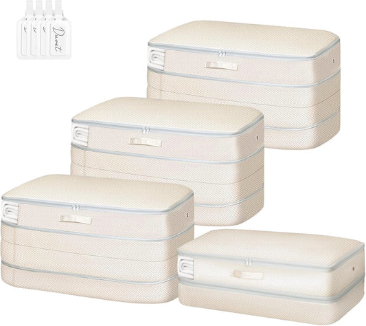 Comforter Storage Bag - Large Capacity Bedding Storage Bags Ultra Space Saving Self Compression Organizer, Washable Compression Bags for Storage Comforter Blanket Duvet Pillow, 6-Pack, Beige