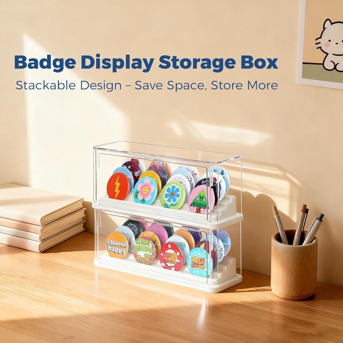 2 Pack Button Pin Display Case – 4-Tier Clear Badge Storage Box, Stackable Dustproof Pin Organizer with Front Door for Button Pins, Enamel Pins, and Collectibles (White-2 Pack)