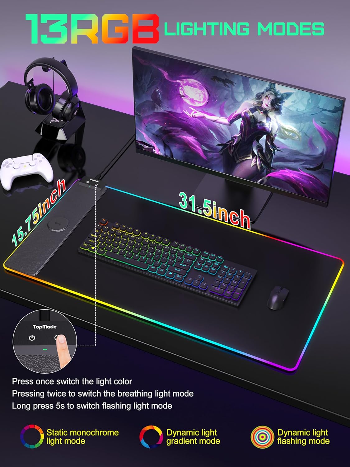TopMade Mouse Pad with Wireless Charging, 31.5" x 15.75" Large Desk Mat RGB Gaming Mousepad, LED Desk Pad Keyboard Pad with Ultra-Smooth Surface & Non-Slip Rubber Base, Waterproof Desk Pad