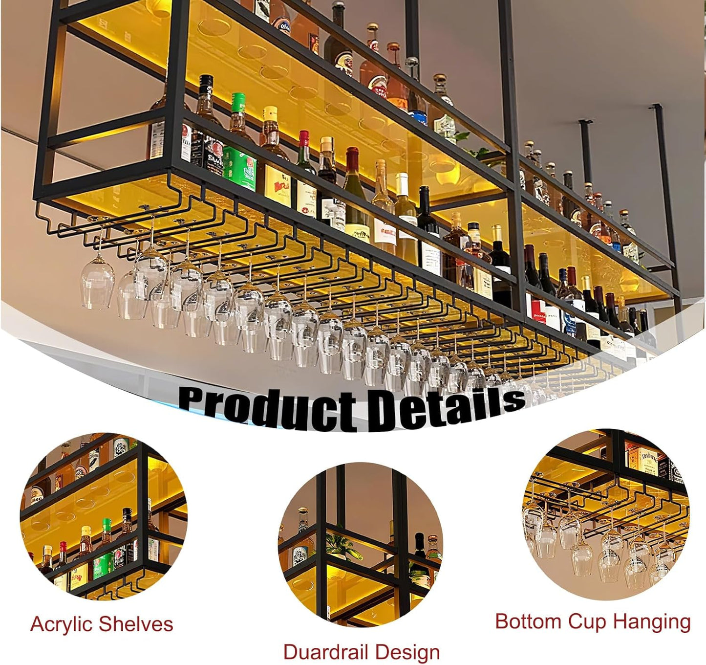 31.4IN Acrylic Ceiling Wine Glass Rack with Transparent Shelves, Hanging Wine Rack with Glass Holder and LED lights, 2 Layer Ceiling Bottle Holder Shelf for Bar Kitchen Decorate (31.4in/80cm)