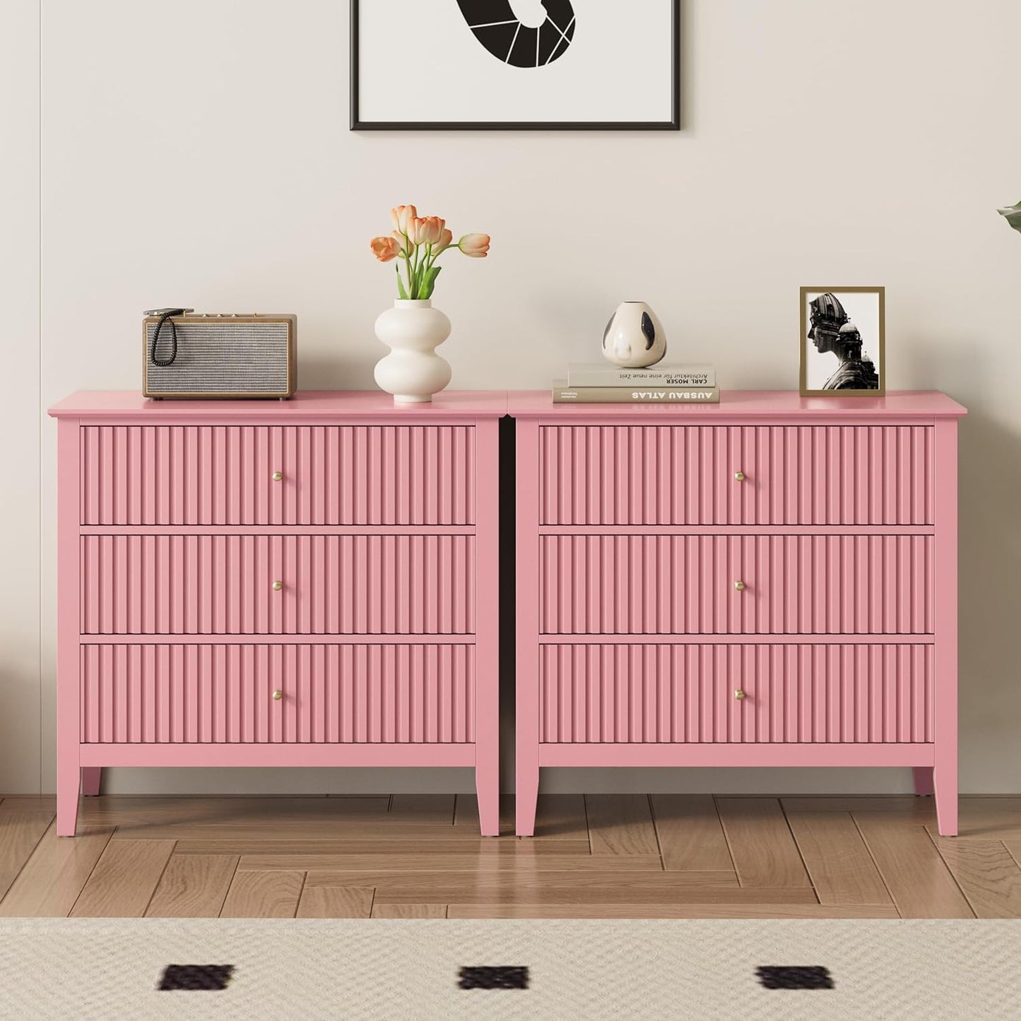 RoyalCraft Fluted 32 inch Wide Nightstand Set of 2, Large Pink Nightstand with 3 Drawer, Modern End Table, Wood Beside Table for Home and Office