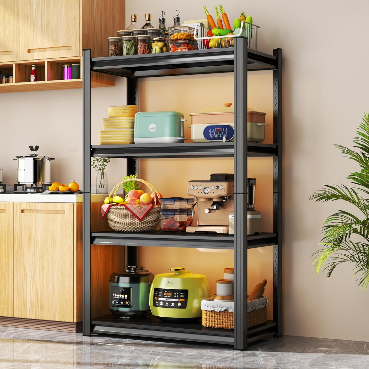 Storage Shelves, Garage Metal Shelving Unit, Adjustable, Double-Layer Column with Reinforced Ribs, Heavy-Duty, Capable of Bearing 600-3600 lbs (Black, 45''W*20''D*63''H, 4-Tier)