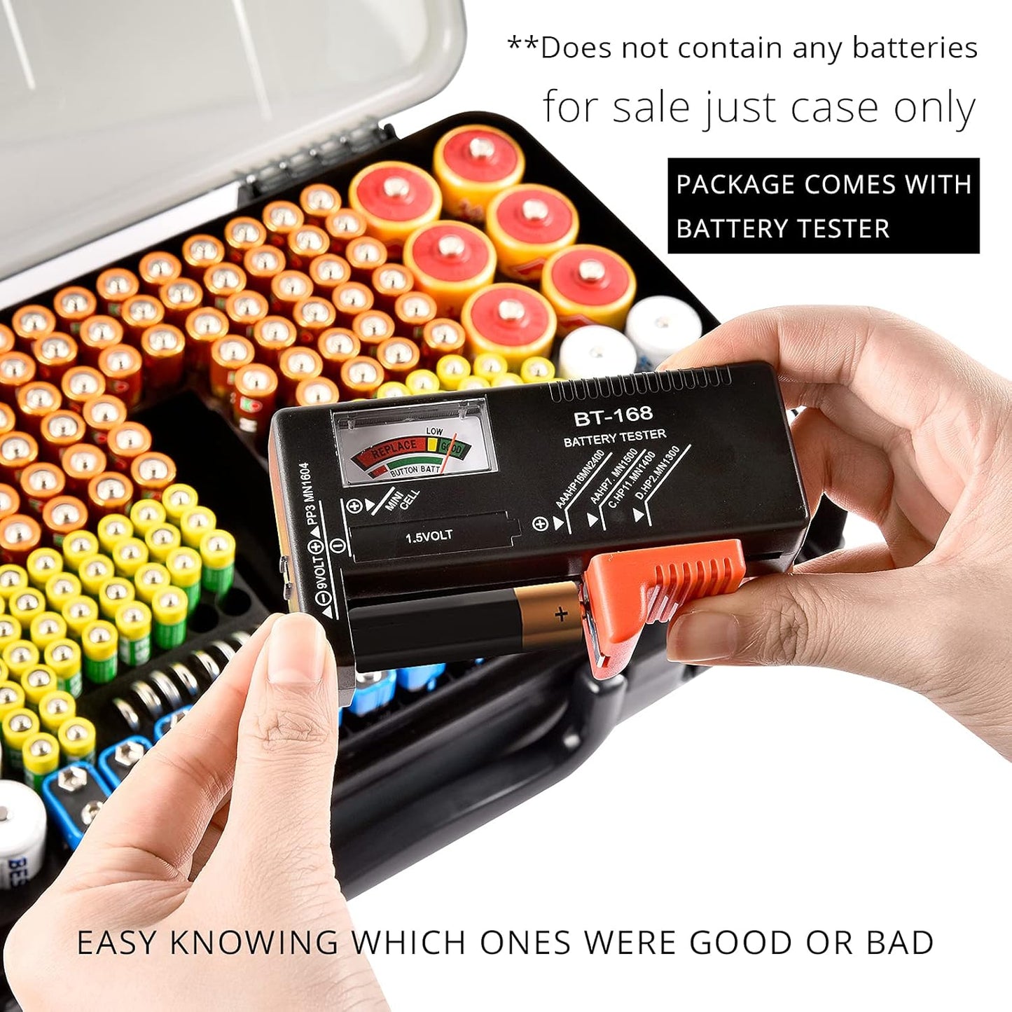 Battery Organizer Storage Holder Box Case with Tester- 269 Batteries Double-Sided Variety Pack, Holds AA AAA 4A C D Cell 9V 3V Lithium LR44 CR2 CR123 CR1632 18650 Button- Grey