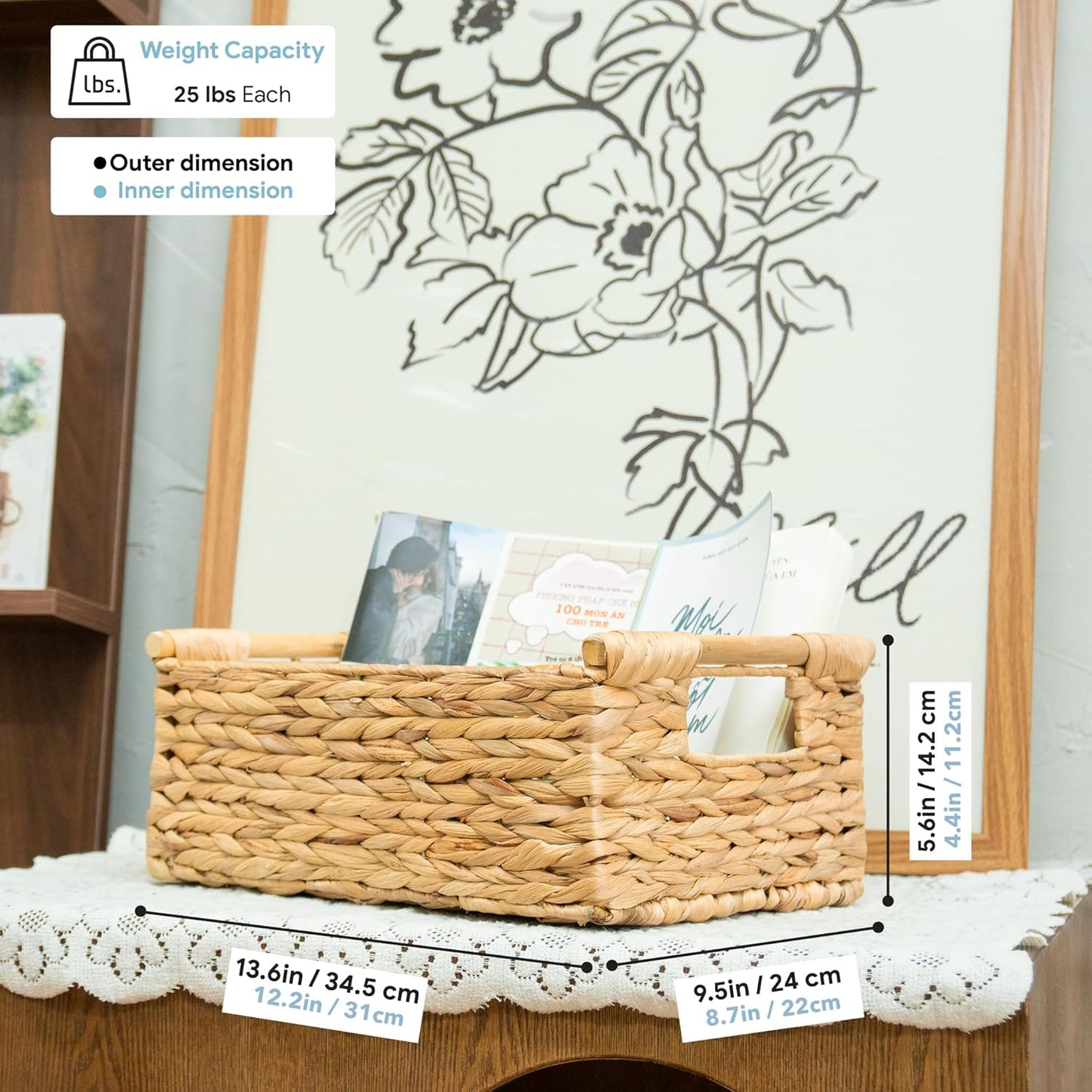 VATIMA Hyacinth Medium Wicker Basket 13.6x9.5x5.6" - With Handle, Living Room Decor, Rectangular Design
