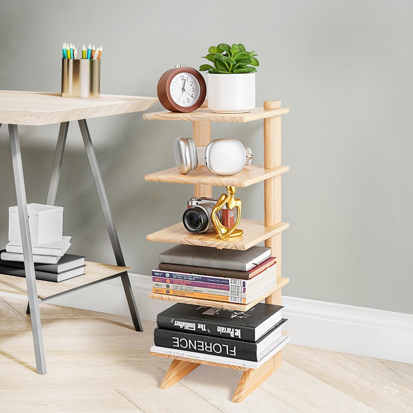 5-Tier Wooden Bookshelf for Small Spaces – Narrow Space-Saving Bookcase & Storage Shelf Organizer for Bedroom, Living Room, or Office – Compact Freestanding Wood Bookshelf