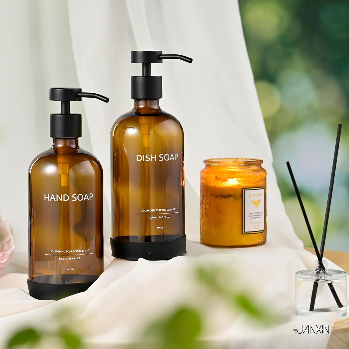 Glass Kitchen Soap Dispenser Set with Ceramic Tray,16.9 floz Hand and Dish Soap Dispenser for Kitchen and Bathroom Decor (Amber Bottles + Black Pumps)