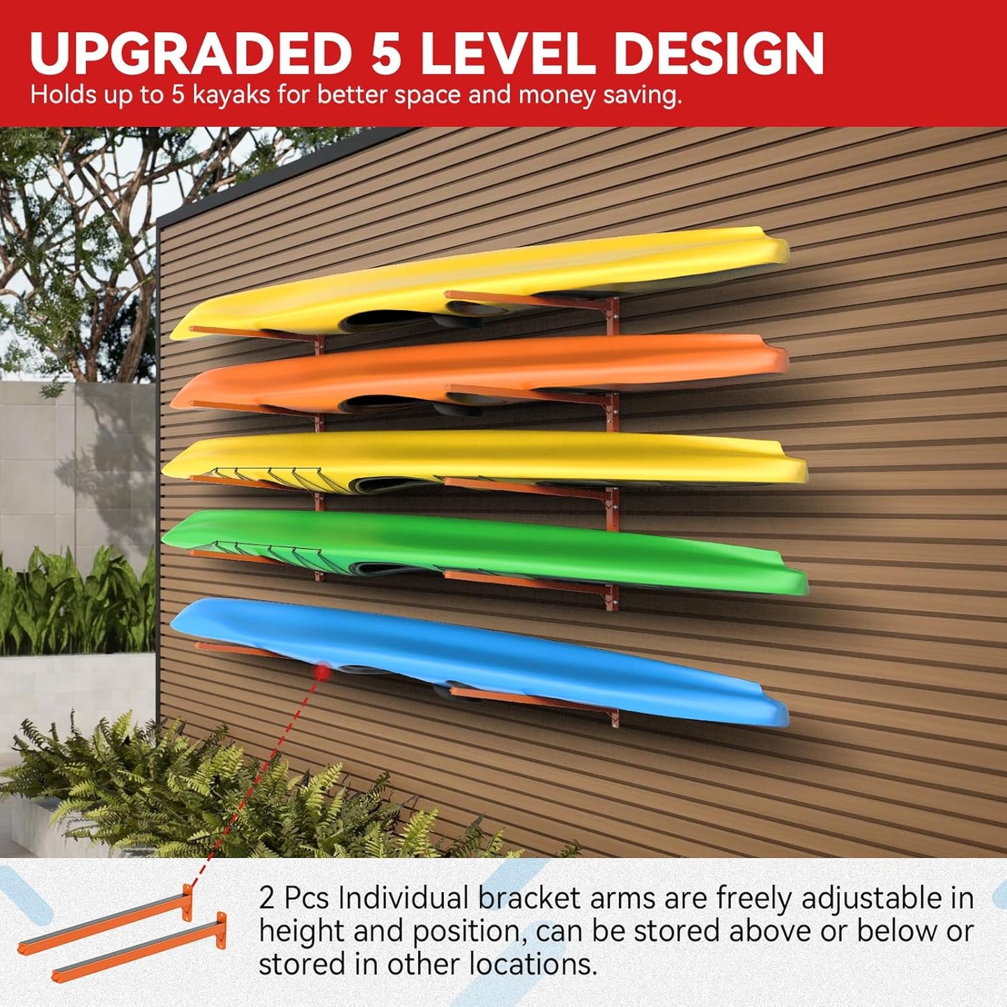 Kayak Storage Rack Wall Mount Adjustable 5 Levels Kayak Rack Wall Hanger Holder for Paddle Boards Surfboard Canoe Kayak Paddle Holder for Garage Indoor Outdoor