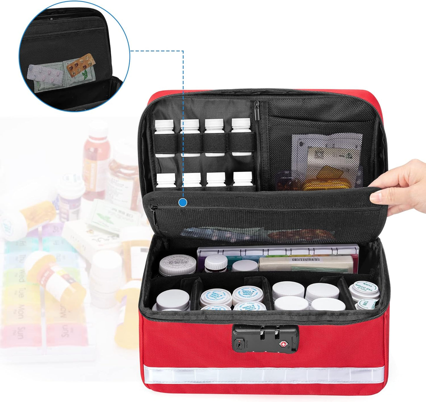 Damero Locking Pill Bottle Organizer with Inner Dividers, Medicine Storage and Organizer Bag Combination Lock for Medicine, Vitamins and Medical Supplies, Red