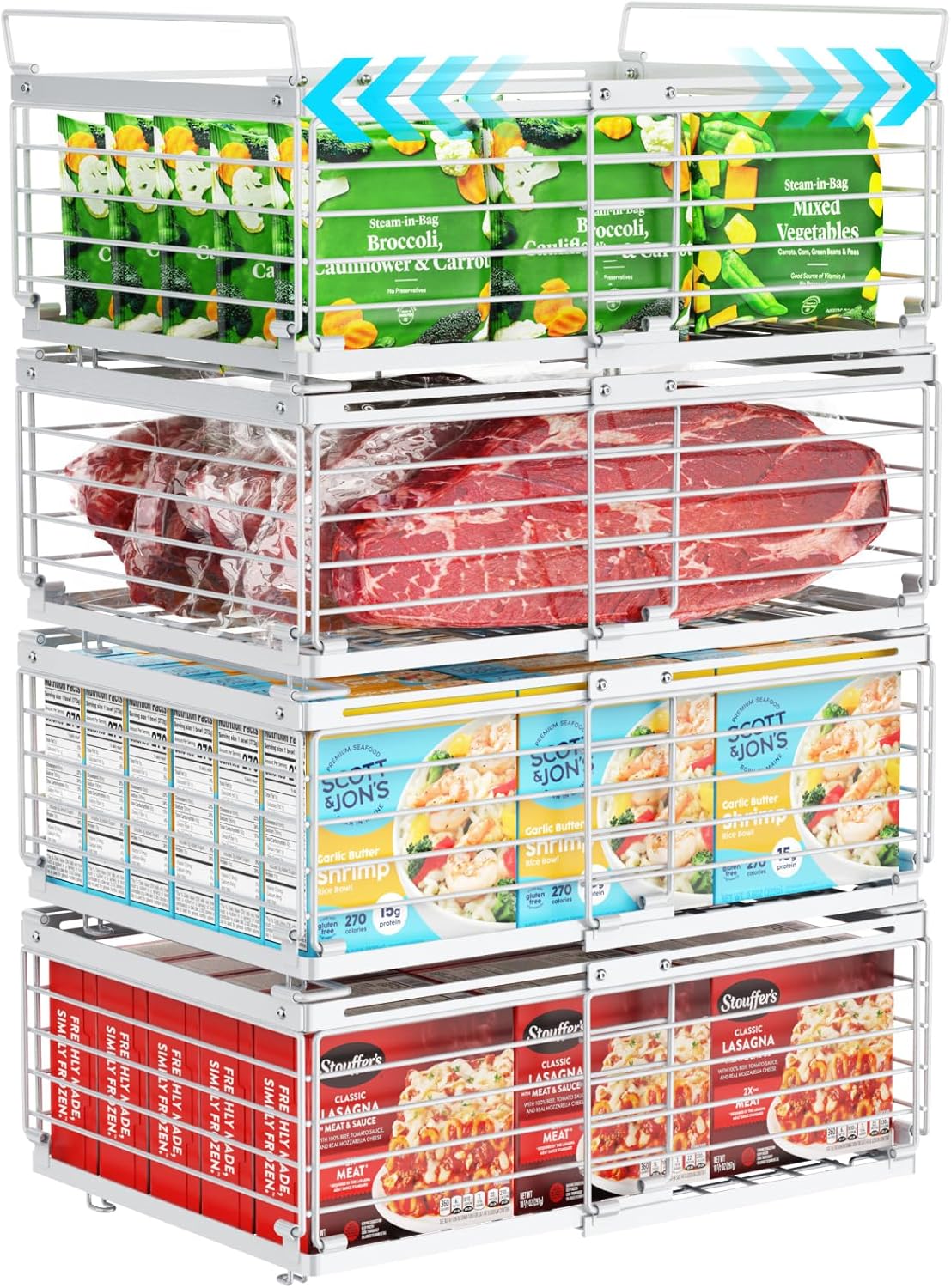 iSPECLE Freezer Organizer Bins - Fit 10 to 20 Cu.FT Deep Freezer, 4 Pack Large Expandable Stackable Chest Freezer Organizer Sort Frozen Food and Easily Get with Handle, Improve Air Circulation, White