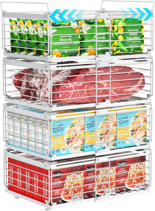 iSPECLE Freezer Organizer Bins - Fit 10 to 20 Cu.FT Deep Freezer, 4 Pack Large Expandable Stackable Chest Freezer Organizer Sort Frozen Food and Easily Get with Handle, Improve Air Circulation, White