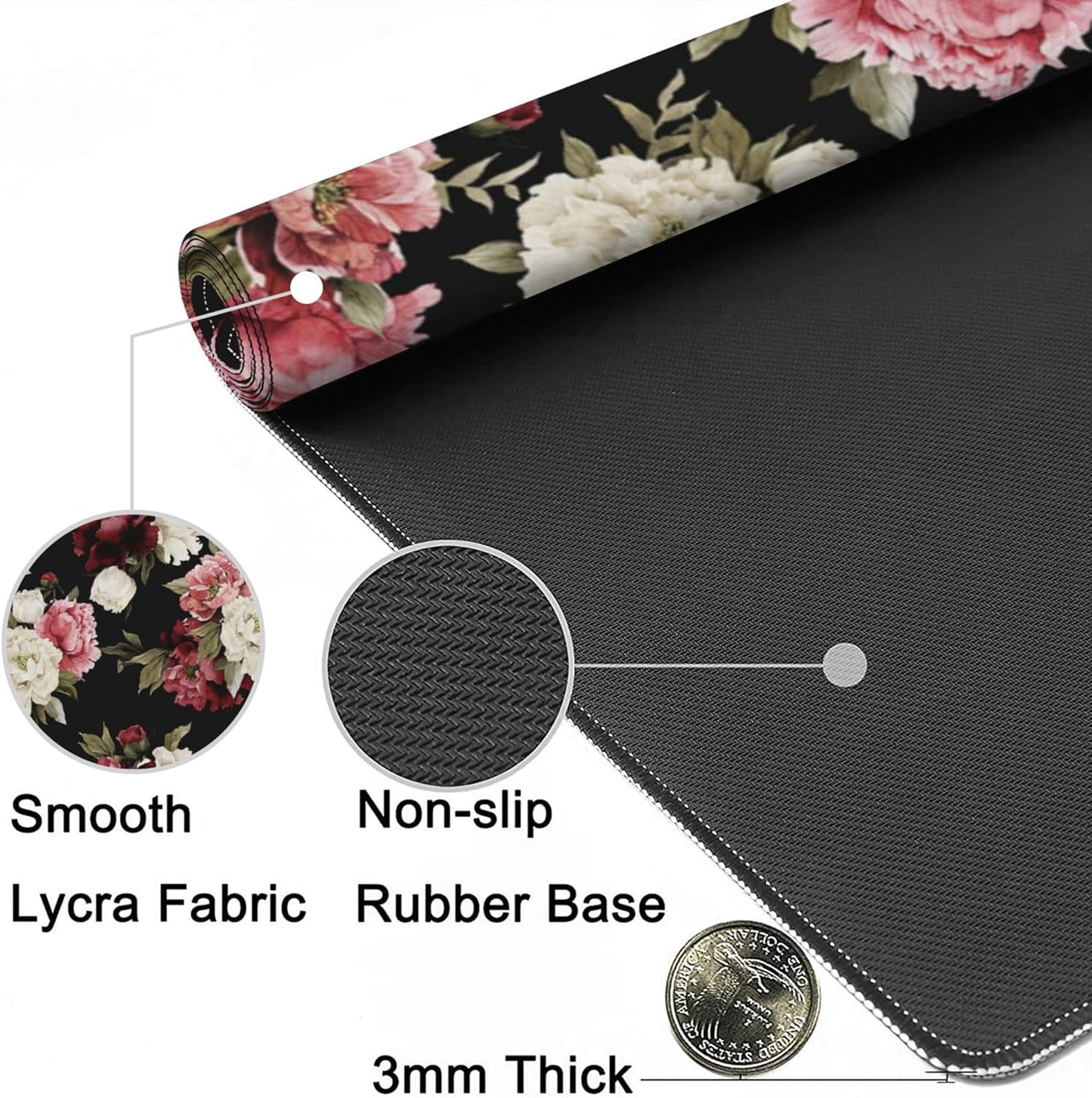 Desk Mat,Watercolor Peonies Floral Gaming Mouse Pad,XXL Extended Mouse Pad Mat for Office,Computer,Keyboard with Non-Slip Base Stitched Eges Mousepad 35.4x15.75 inch