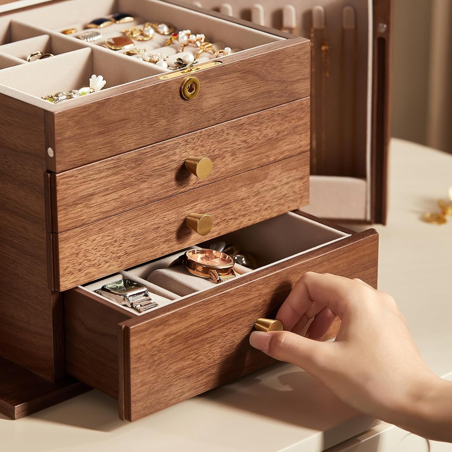 Black Walnut Wooden Jewelry Box, Wood Jewelry Organizer with 2 Side Doors Mirror Lockable Classical Style for Watch Necklace Ring Earring Storage Christmas Gifts-4 Layer