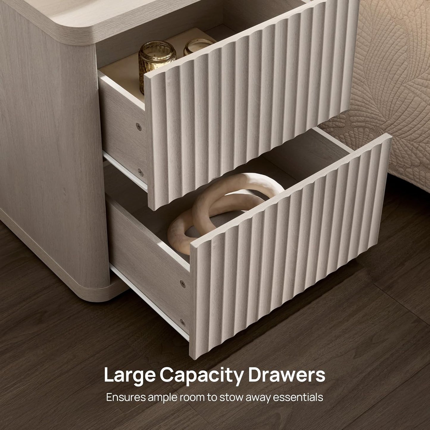 SICOTAS Night Stand Set of 2 Nightstands with 2 Drawers Storage Bedside Table Large Fluted Bed Side End Table Modern 24.4" Tall Wide Night Stands for Bedroom Living Room Sofa Couch Office, White Alder